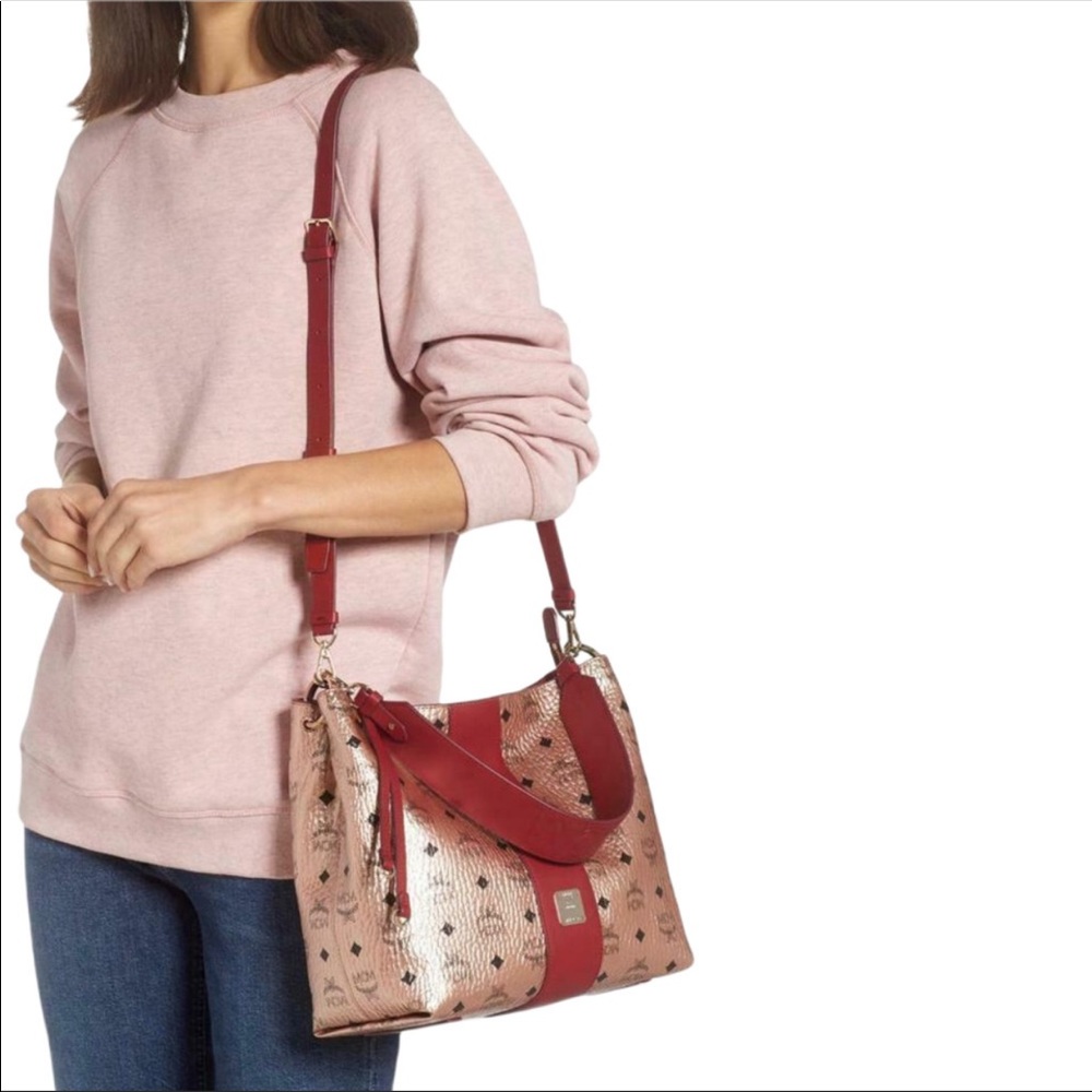 MCM Klara Champagne Gold Visetos Medium Hobo Crossbody Bag